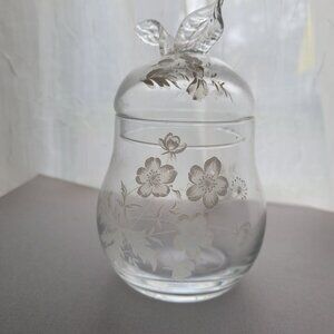 Vintage Clear Glass Hand Blown Floral Design Pear With Leaf Lid